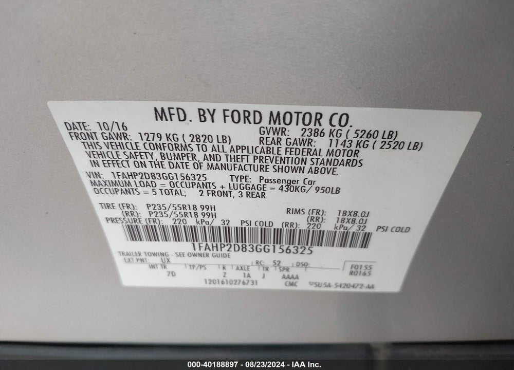 2016 FORD TAURUS SE VIN: 1FAHP2D83GG156325