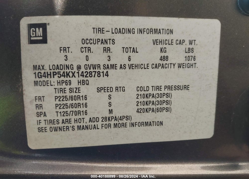 2001 BUICK LESABRE CUSTOM VIN: 1G4HP54KX14287814