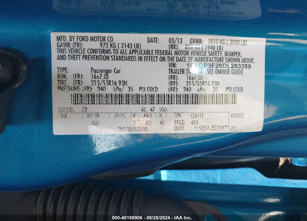 2013 FORD FOCUS SE VIN: 1FADP3F28DL283359