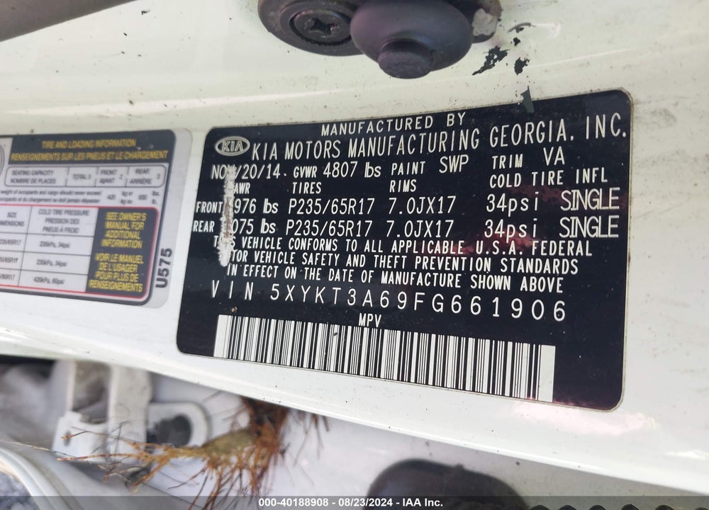 2015 KIA SORENTO LX VIN: 5XYKT3A69FG661906