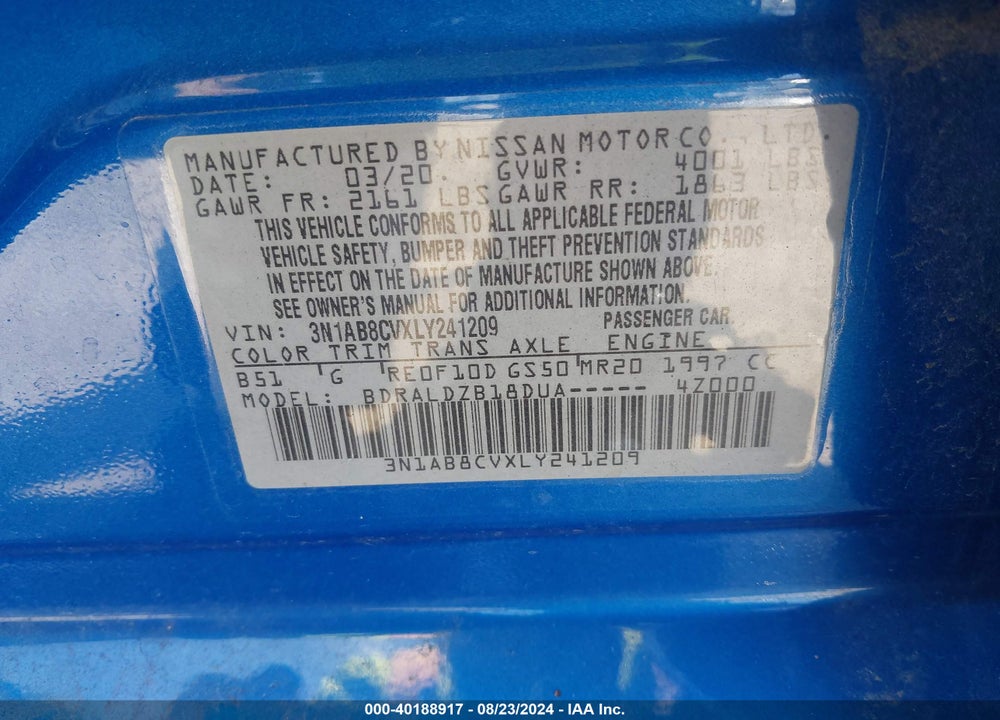 2020 NISSAN SENTRA SV XTRONIC CVT VIN: 3N1AB8CVXLY241209