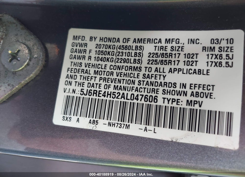 2010 HONDA CR-V EX VIN: 5J6RE4H52AL047606