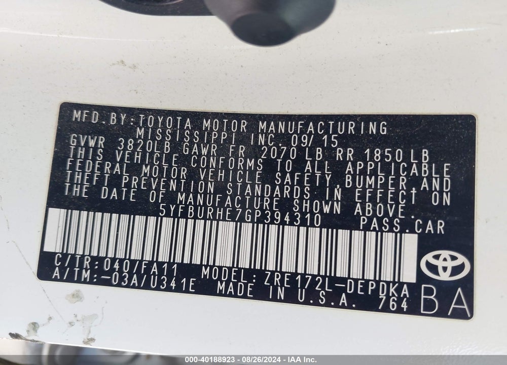 2016 TOYOTA COROLLA L VIN: 5YFBURHE7GP394310