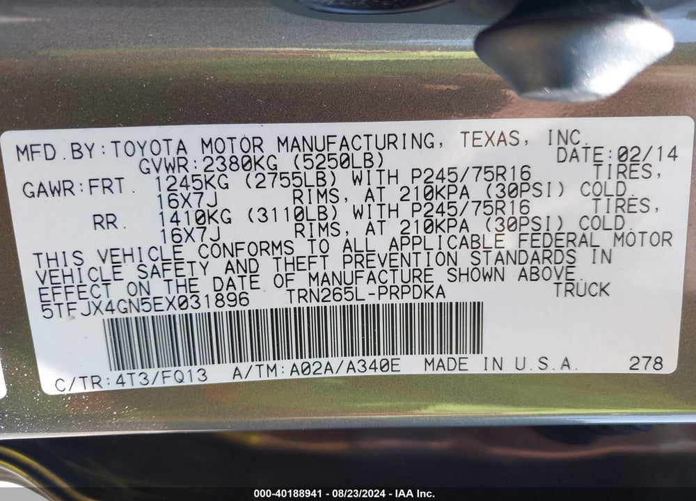 2014 TOYOTA TACOMA PRERUNNER VIN: 5TFJX4GN5EX031896