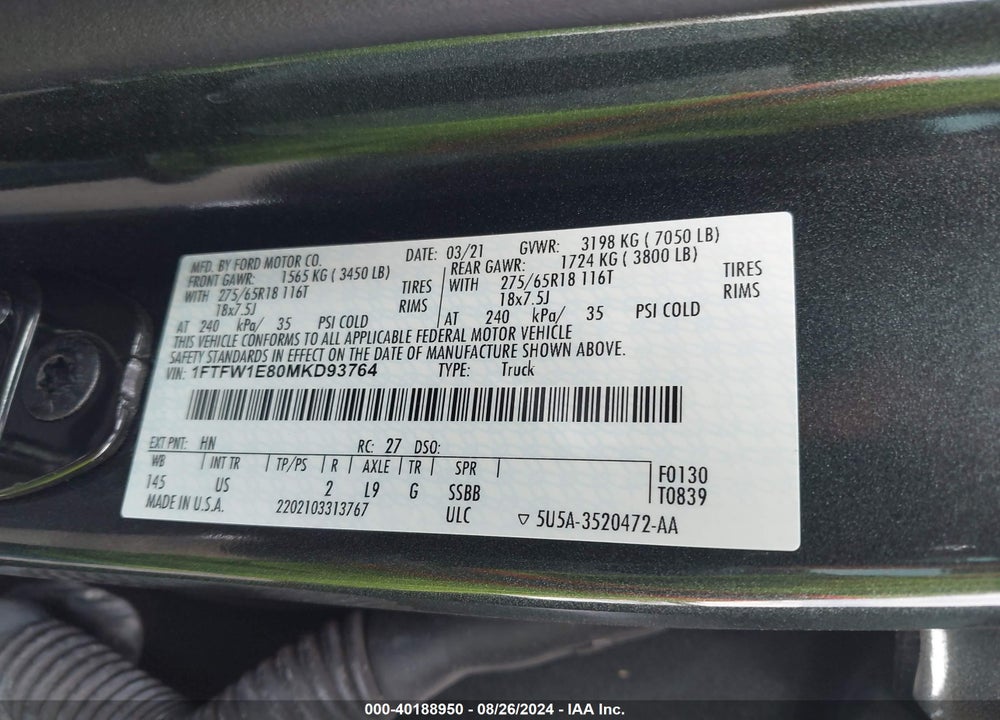 2021 FORD F-150 XLT VIN: 1FTFW1E80MKD93764
