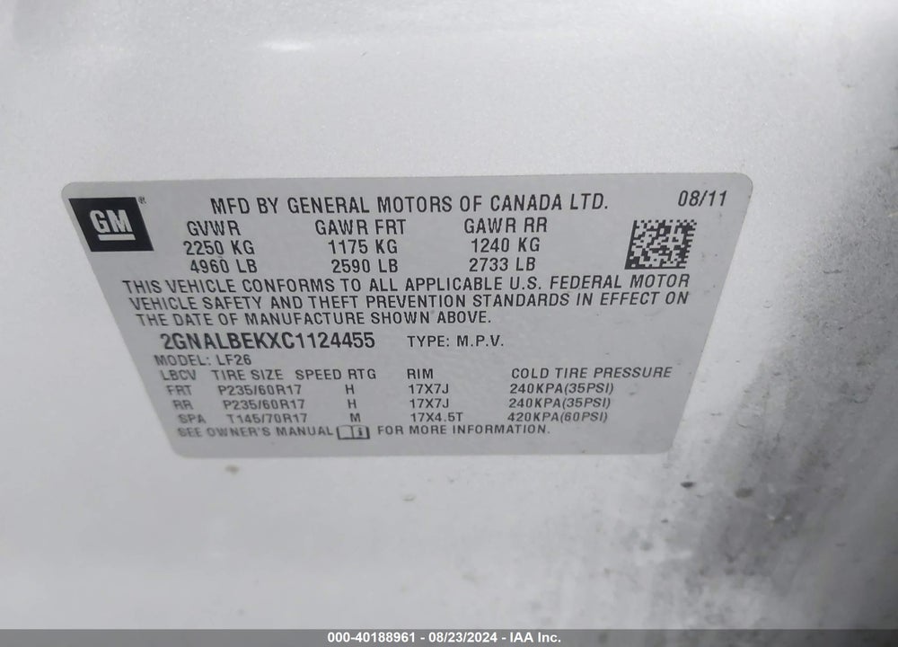2012 CHEVROLET EQUINOX LS VIN: 2GNALBEKXC1124455
