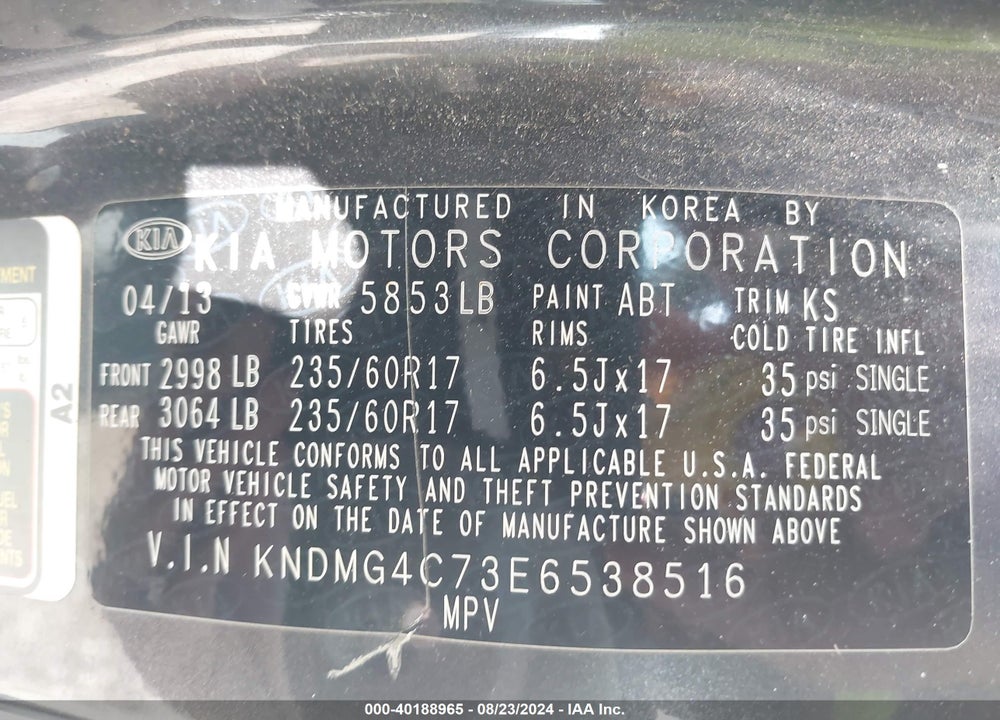 2014 KIA SEDONA LX VIN: KNDMG4C73E6538516