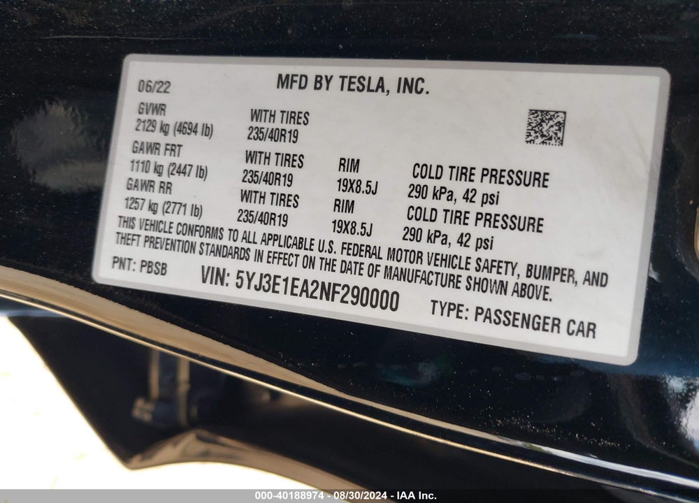 2022 TESLA MODEL 3 REAR-WHEEL DRIVE VIN: 5YJ3E1EA2NF290000