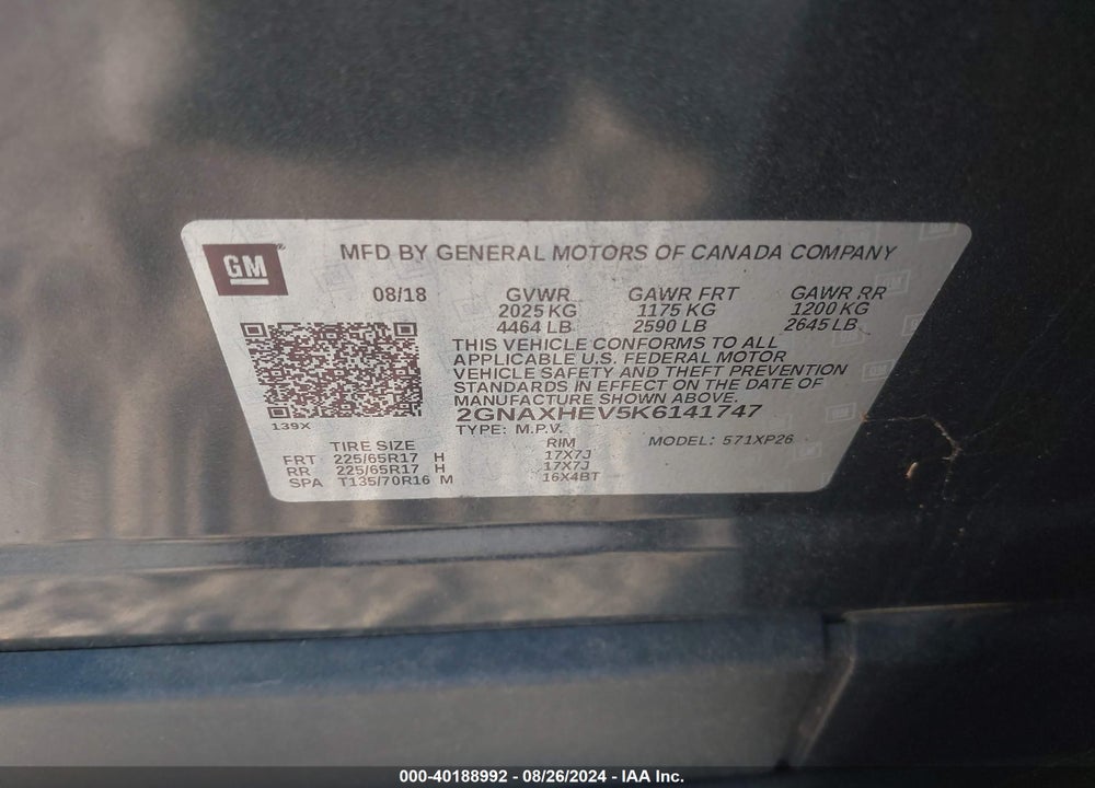 2019 CHEVROLET EQUINOX LS VIN: 2GNAXHEV5K6141747