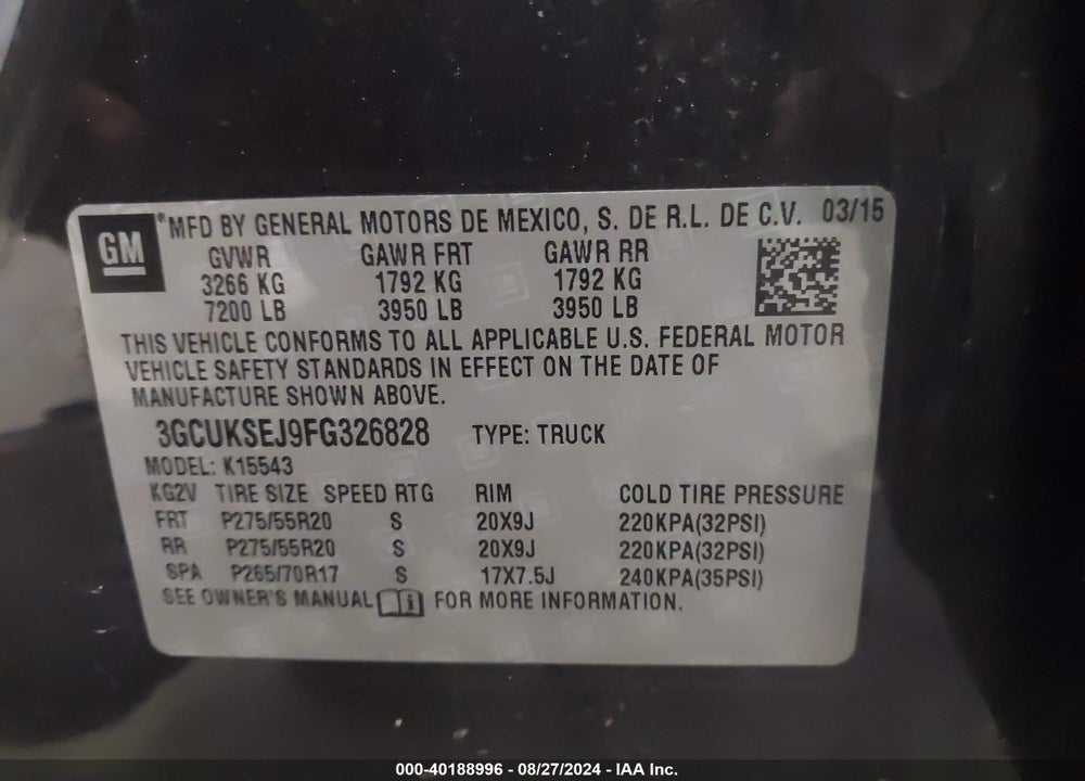 2015 CHEVROLET SILVERADO 1500 1LZ VIN: 3GCUKSEJ9FG326828