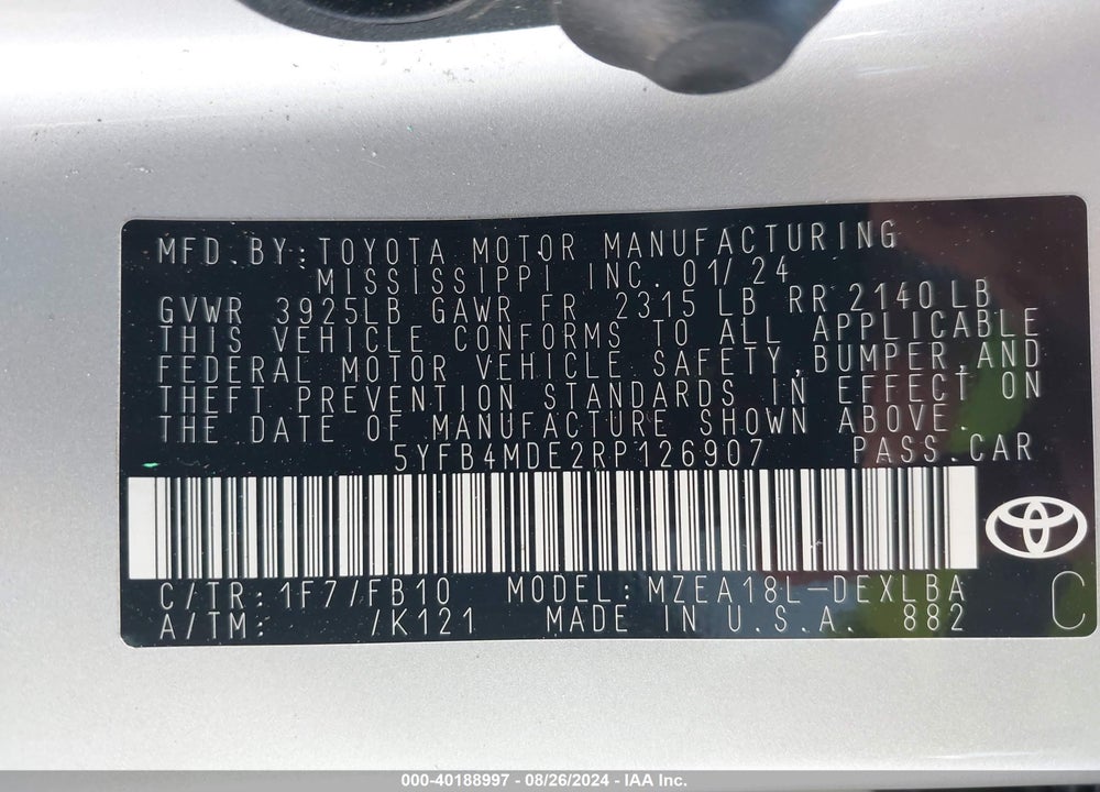 2024 TOYOTA COROLLA LE VIN: 5YFB4MDE2RP126907