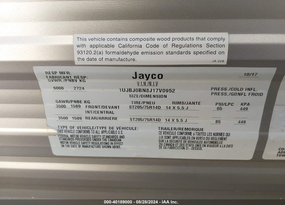 2018 JAYCO 264 BH JAY FLIGHT VIN: 1UJBJ0BN8J17V0952