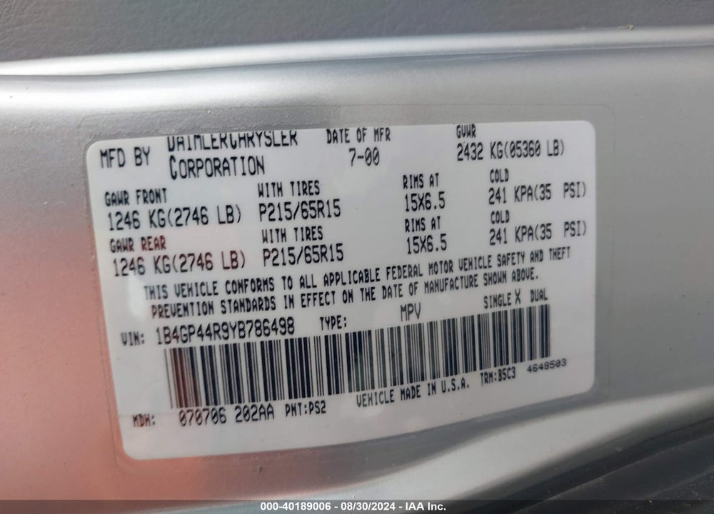 2000 DODGE GRAND CARAVAN SE VIN: 1B4GP44R9YB786498