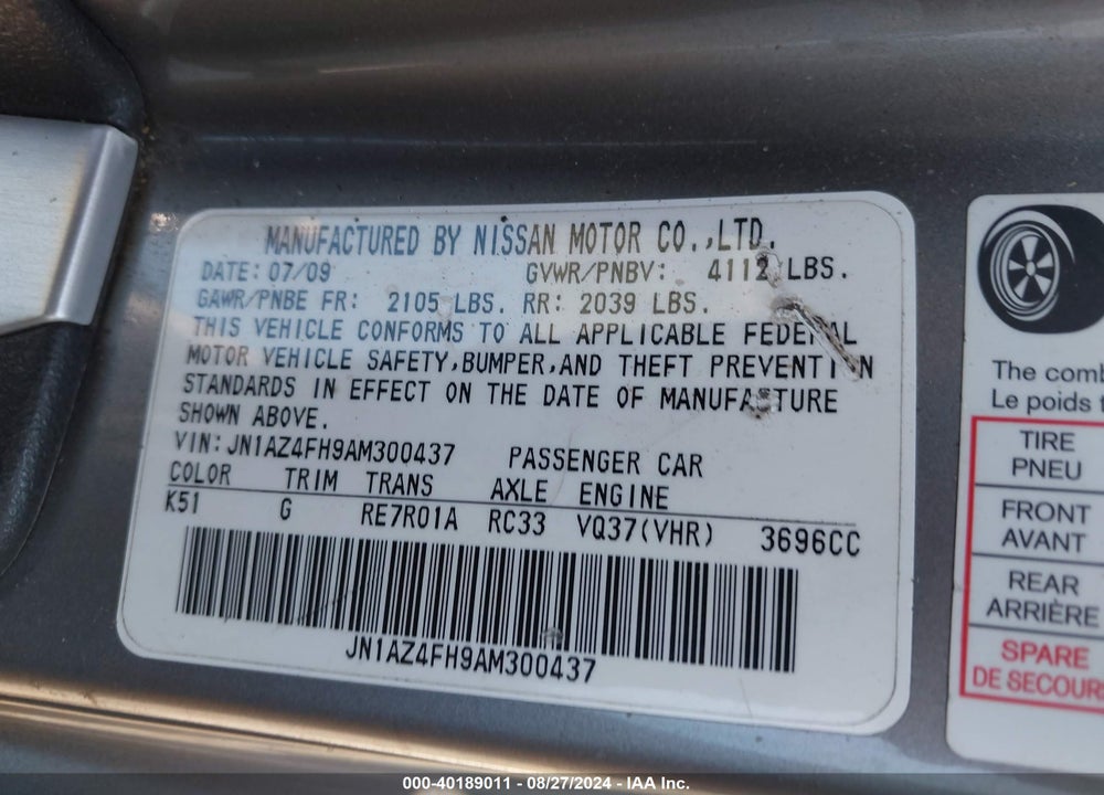 2010 NISSAN 370Z VIN: JN1AZ4FH9AM300437