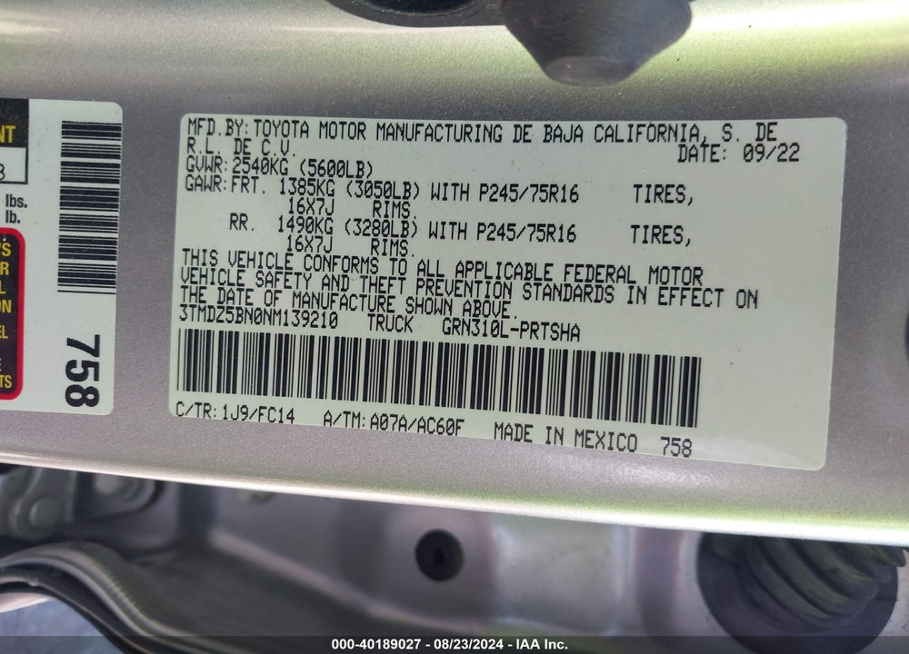 2022 TOYOTA TACOMA SR5 V6 VIN: 3TMDZ5BNONM139210