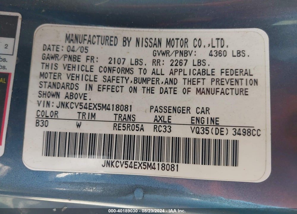 2005 INFINITI G35 VIN: JNKCV54EX5M418081