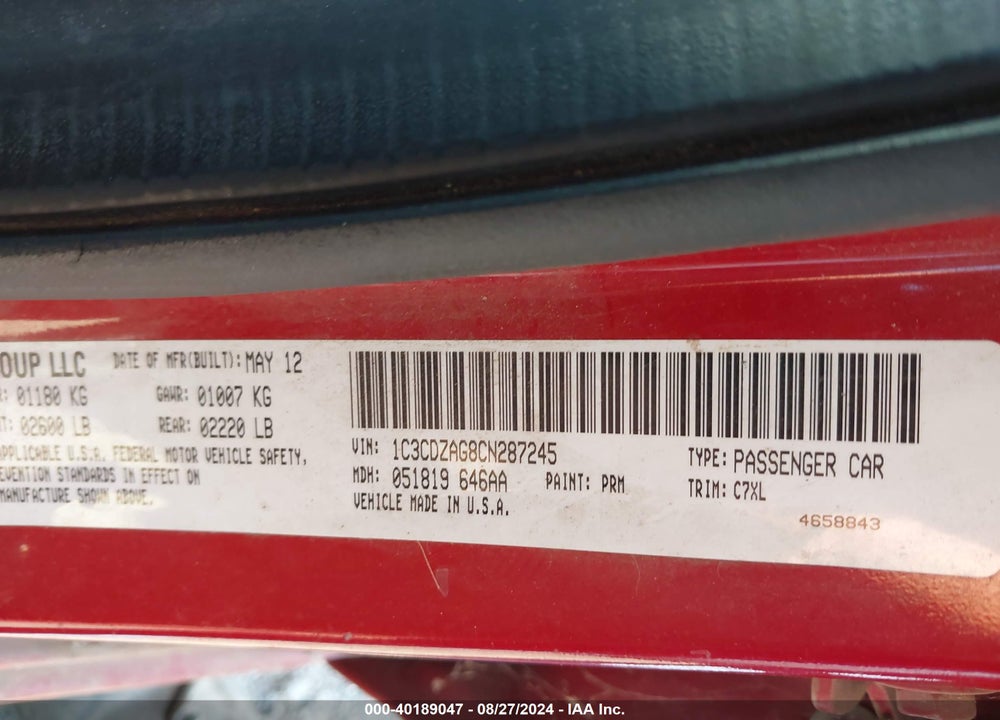 2012 DODGE AVENGER SE VIN: 1C3CDZAG8CN287245