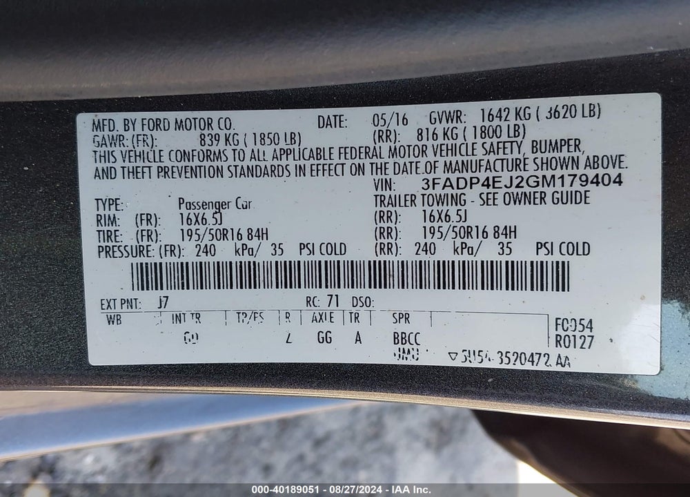 2016 FORD FIESTA SE VIN: 3FADP4EJ2GM179404