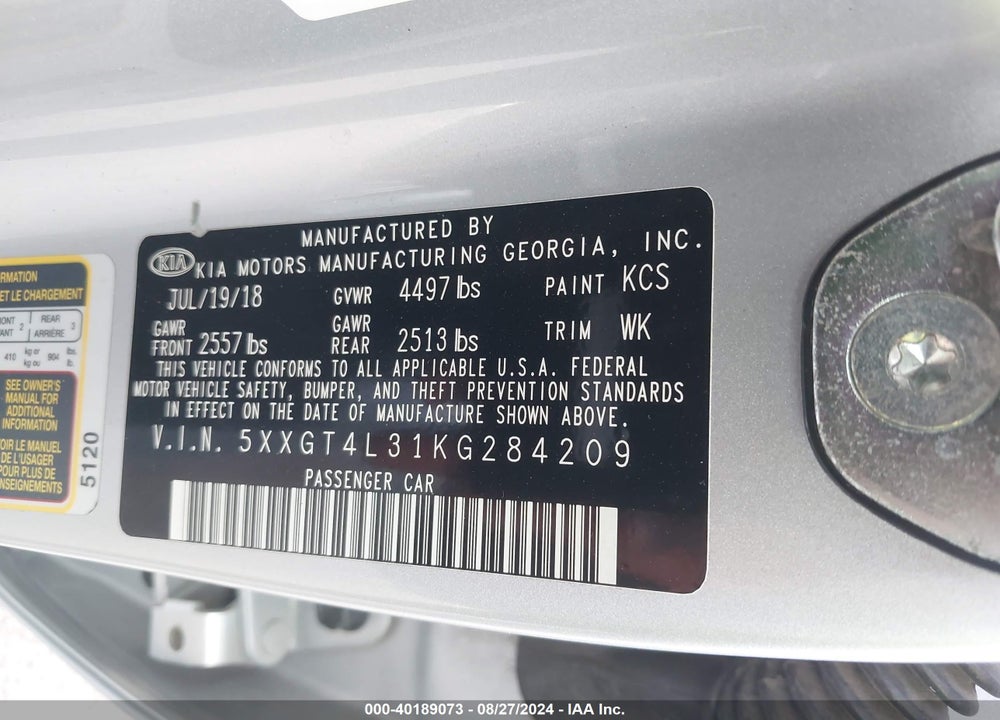 2019 KIA OPTIMA LX VIN: 5XXGT4L31KG284209