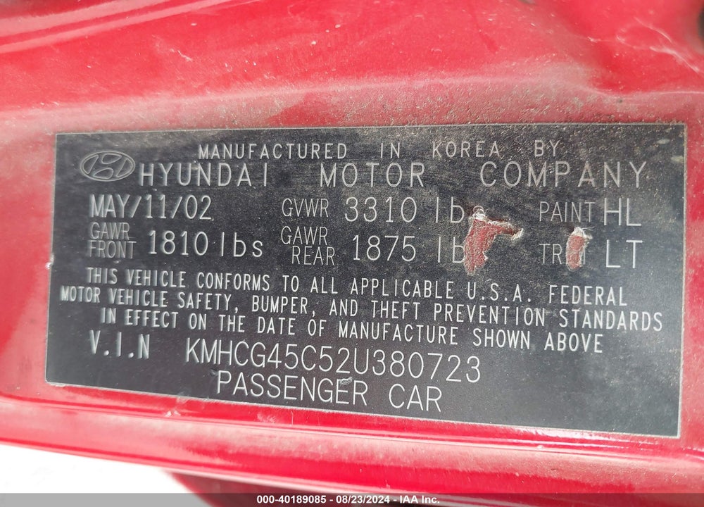2002 HYUNDAI ACCENT GL VIN: KMHCG45C52U380723