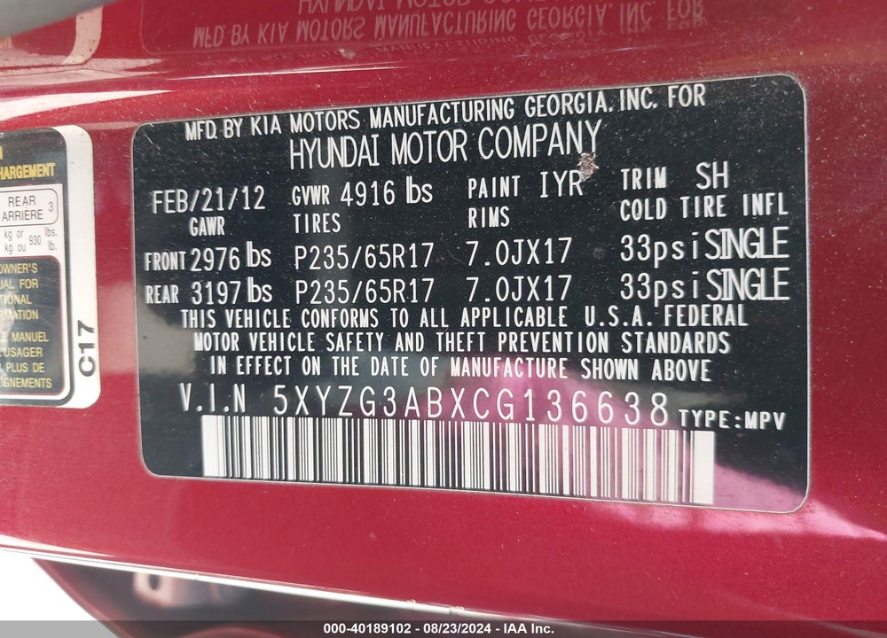 2012 HYUNDAI SANTA FE GLS VIN: 5XYZG3ABXCG136638