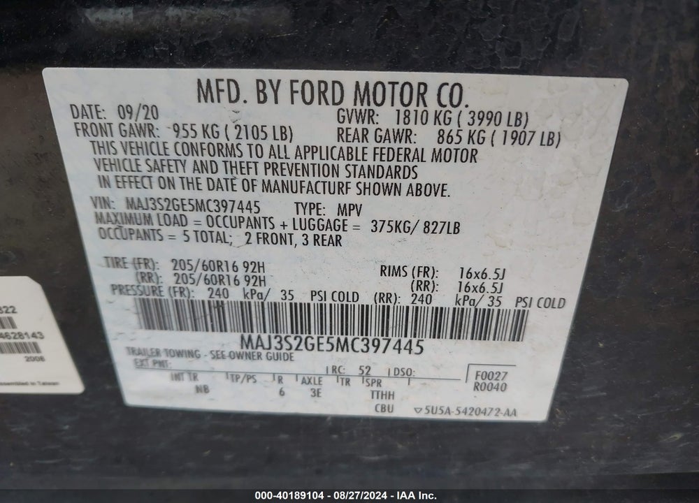2021 FORD ECOSPORT SE VIN: MAJ3S2GE5MC397445