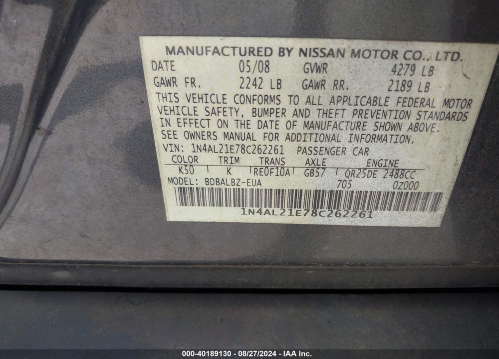 2008 NISSAN ALTIMA VIN: 1N4AL21E78C262261