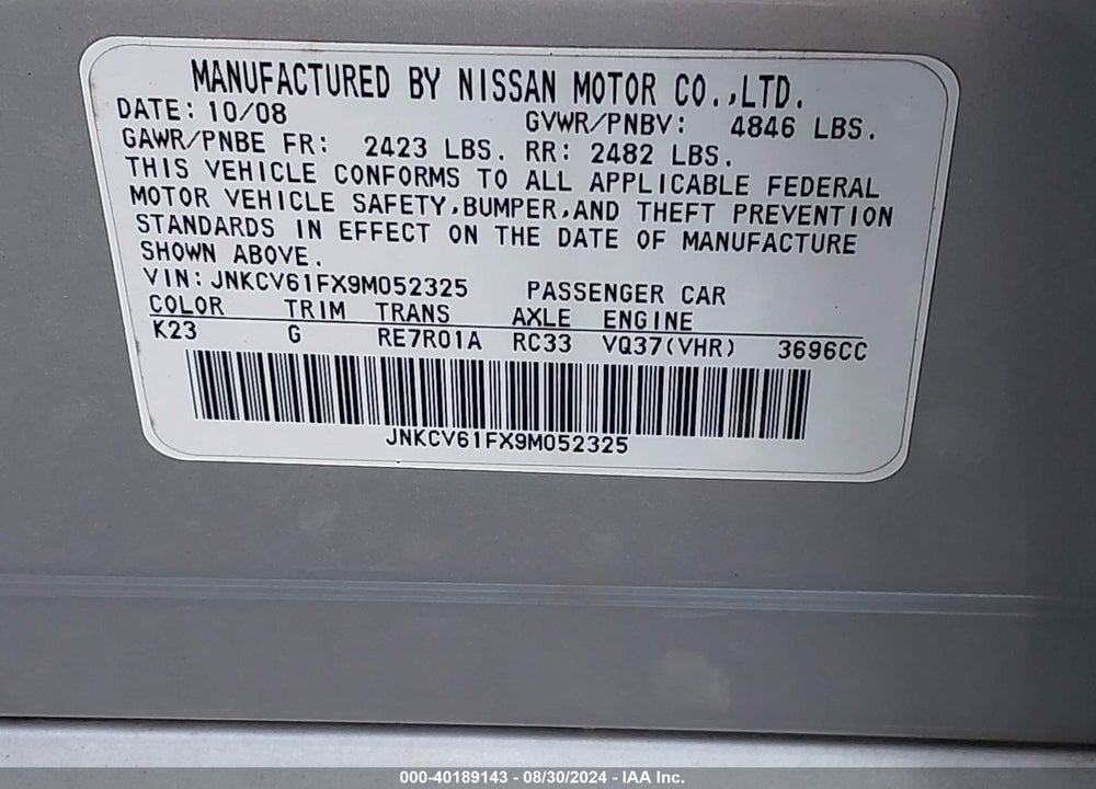 2009 INFINITI G37X VIN: JNKCV61FX9M052325