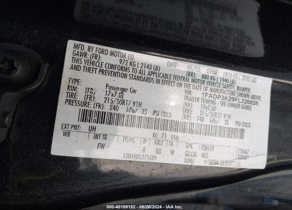 2015 FORD FOCUS SE VIN: 1FADP3K29FL326826