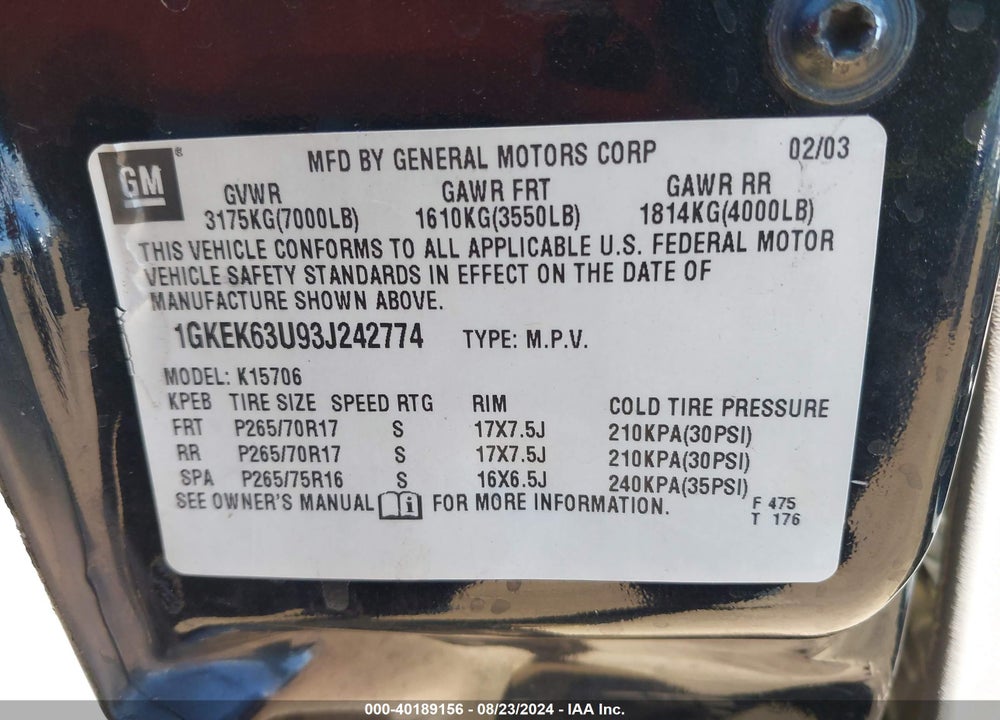 2003 GMC YUKON DENALI VIN: 1GKEK63U93J242774