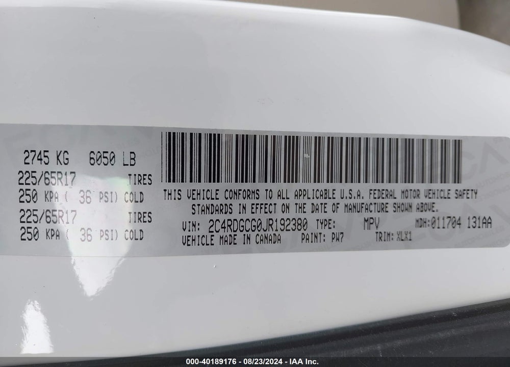 2018 DODGE GRAND CARAVAN SXT VIN: 2C4RDGCG0JR192380