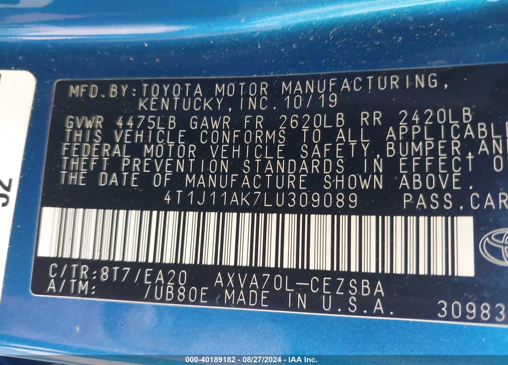 2020 TOYOTA CAMRY SE VIN: 4T1J11AK7LU309089