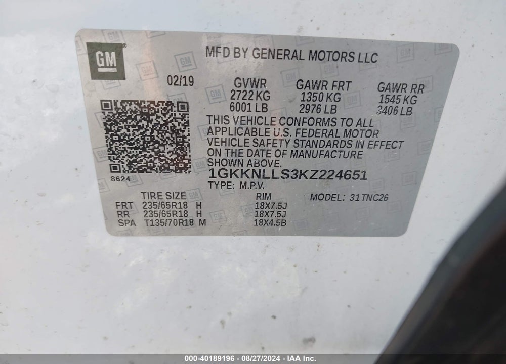 2019 GMC ACADIA SLE-2 VIN: 1GKKNLLS3KZ224651