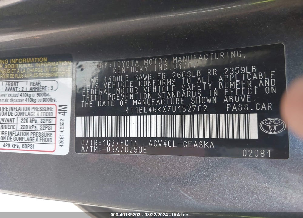2007 TOYOTA CAMRY SE VIN: 4T1BE46KX7U152702