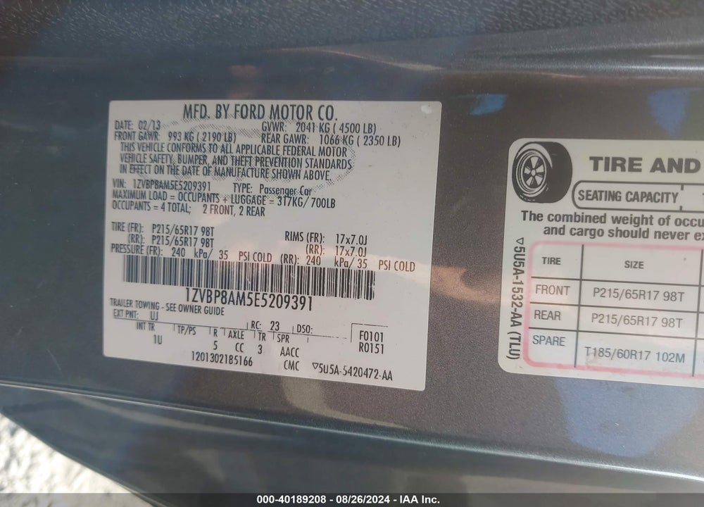 2014 FORD MUSTANG V6 VIN: 1ZVBP8AM5E5209391