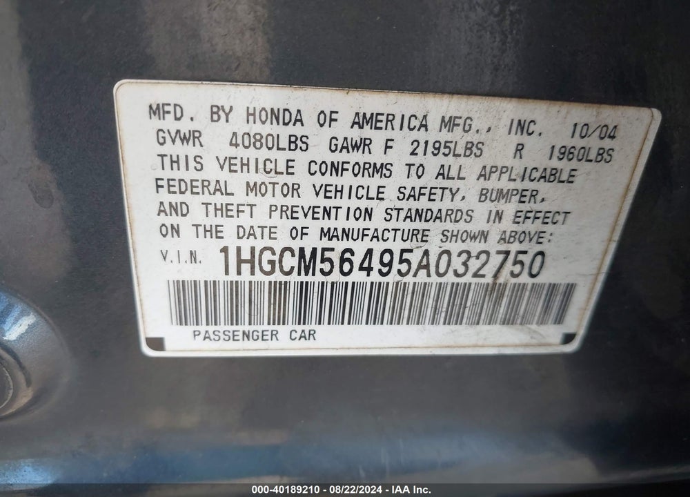 2005 HONDA ACCORD 2.4 LX VIN: 1HGCM56495A032750