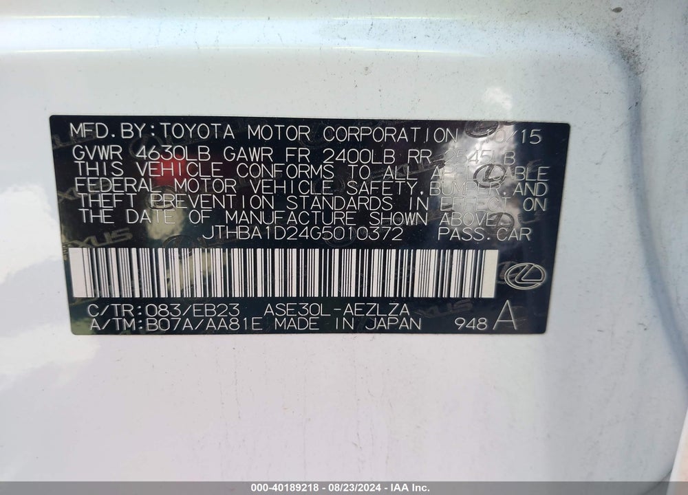 2016 LEXUS IS 200T VIN: JTHBA1D24G5010372