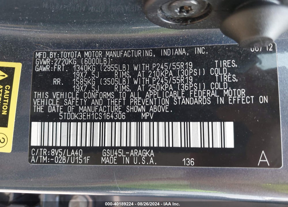 2012 TOYOTA HIGHLANDER LIMITED V6 VIN: 5TDDK3EH1CS164306