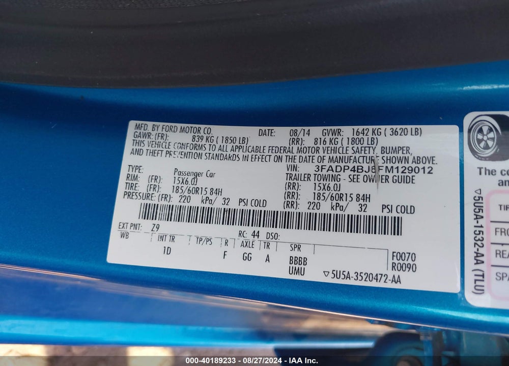 2015 FORD FIESTA VIN: 3FADP4BJ6FM129012
