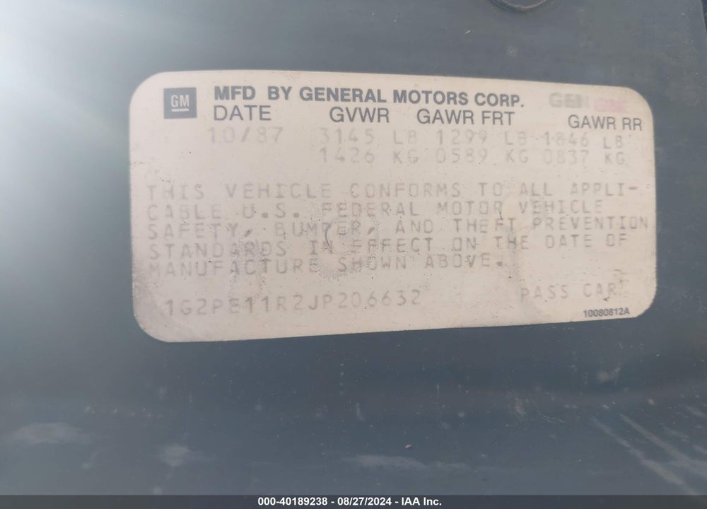 1988 PONTIAC FIERO VIN: 1G2PE11R2JP206632