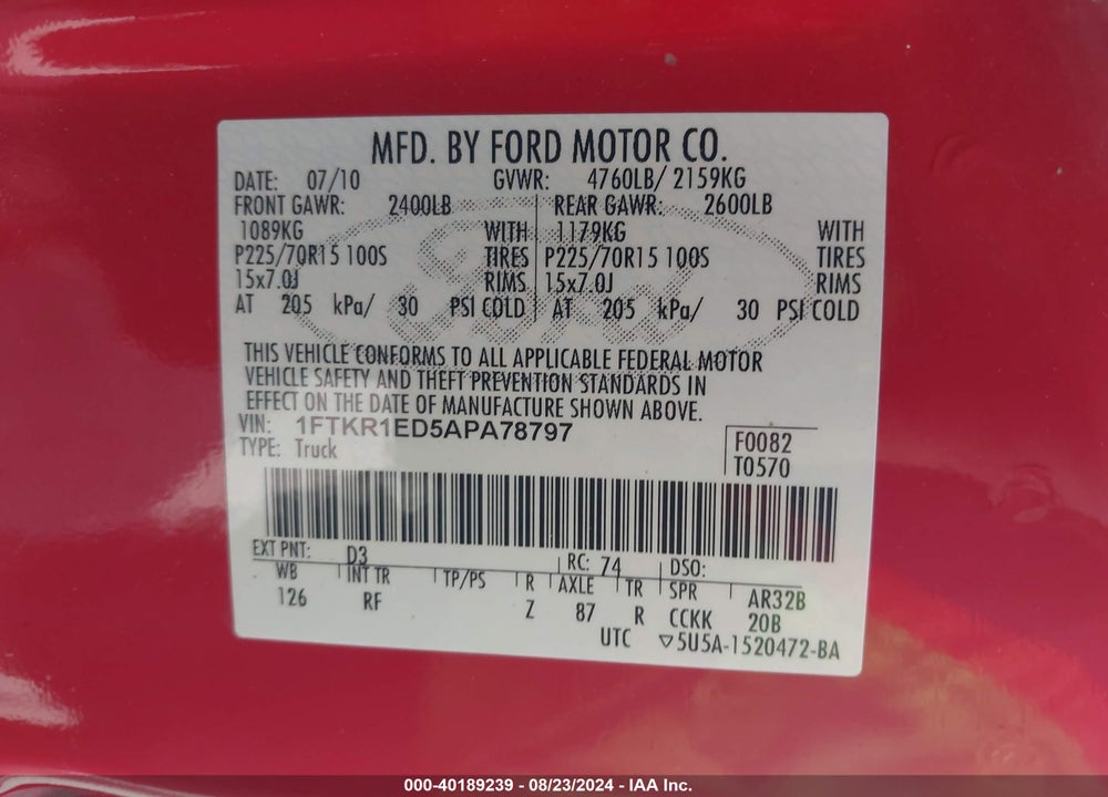 2010 FORD RANGER XL/XLT VIN: 1FTKR1ED5APA78797