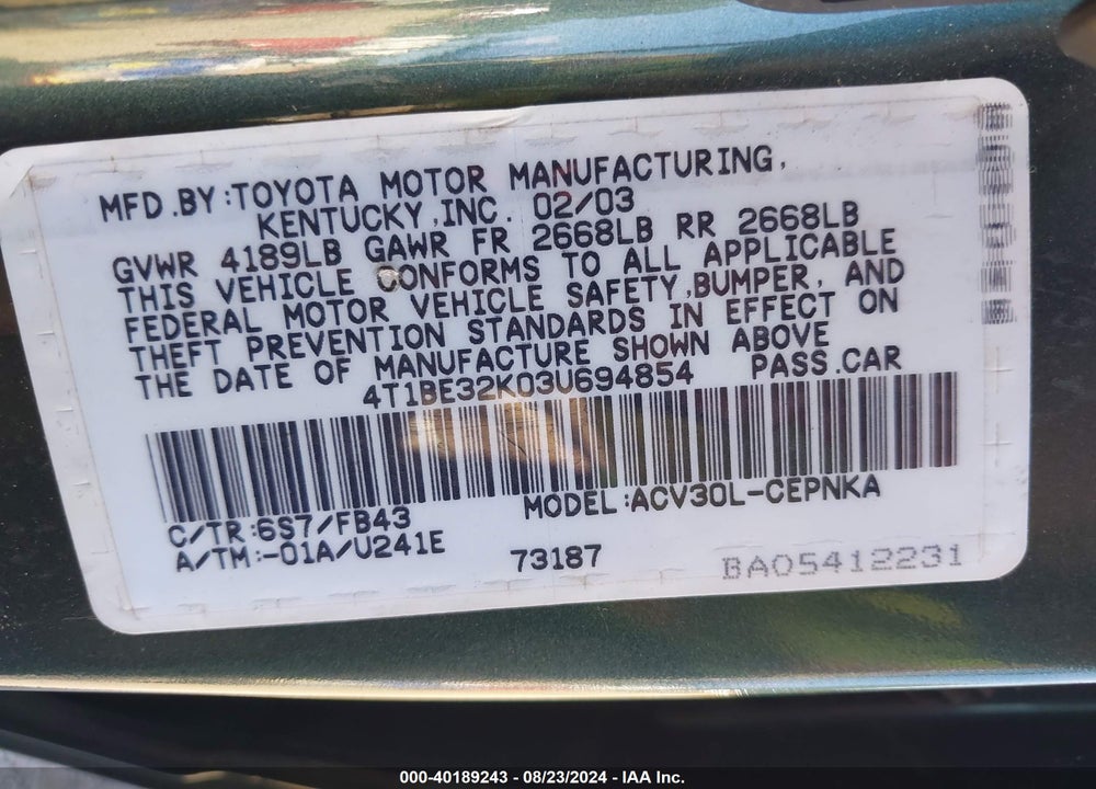 2003 TOYOTA CAMRY LE VIN: 4T1BE32K03U694854