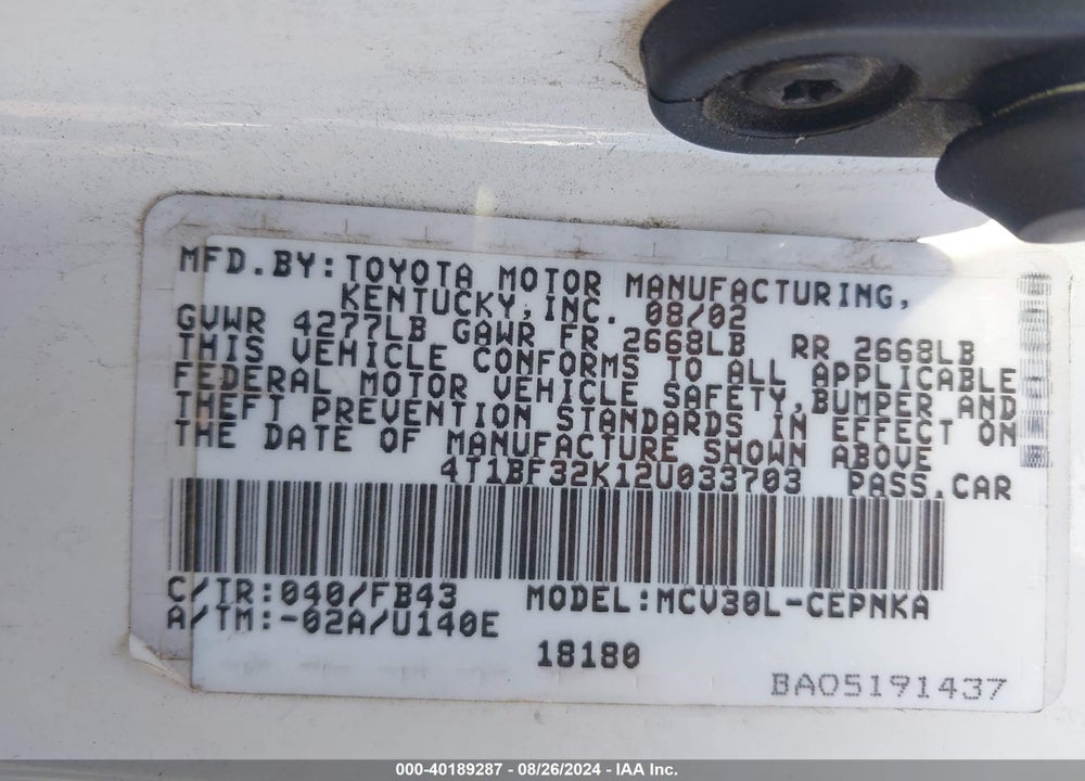 2002 TOYOTA CAMRY LE V6 VIN: 4T1BF32K12U033703
