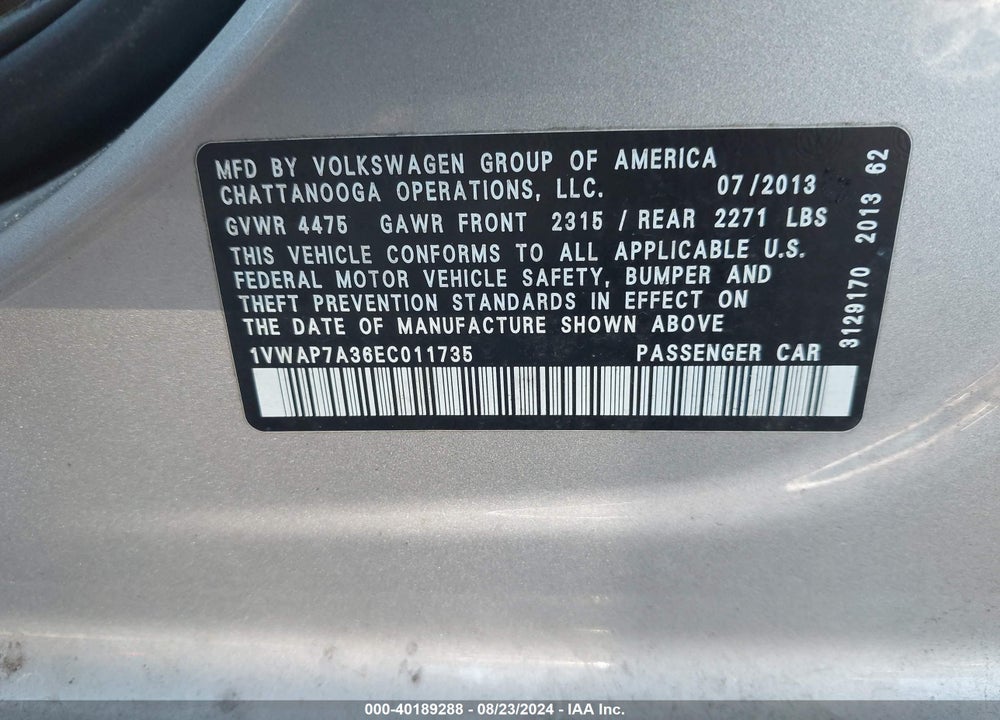 2014 VOLKSWAGEN PASSAT 2.5L S VIN: 1VWAP7A36EC011735