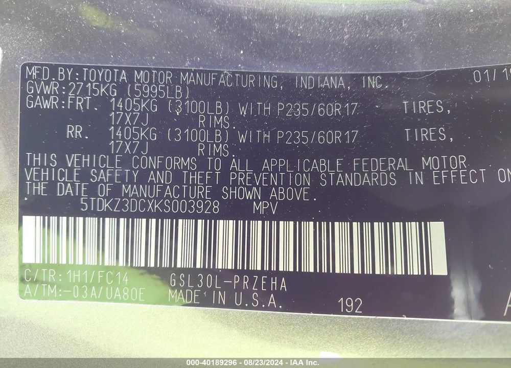 2019 TOYOTA SIENNA LE 8 PASSENGER VIN: 5TDKZ3DCXKS003928