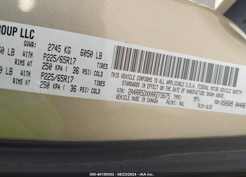 2010 CHRYSLER TOWN & COUNTRY TOURING VIN: 2A4RR5DXXAR273675