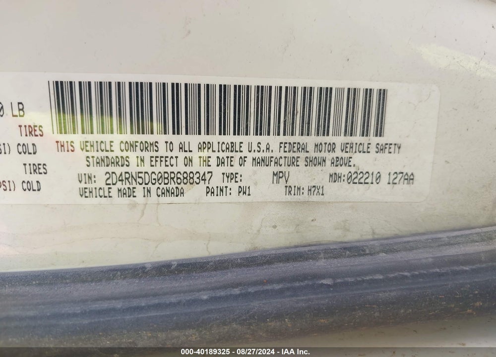 2011 DODGE GRAND CARAVAN CREW VIN: 2D4RN5DG0BR688347