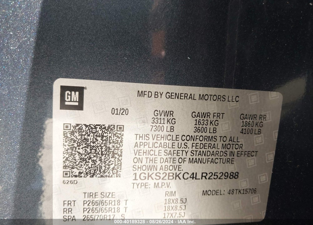 2020 GMC YUKON 4WD SLT VIN: 1GKS2BKC4LR252988