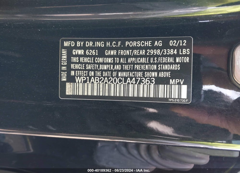 2012 PORSCHE CAYENNE S VIN: WP1AB2A20CLA47363