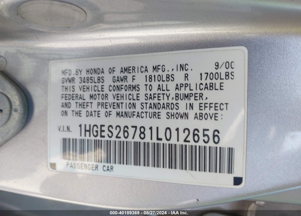 2001 HONDA CIVIC EX VIN: 1HGES26781L012656